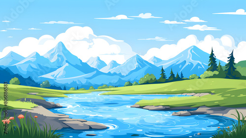 Digital mountain and river flat illustration graphic poster background © yonshan