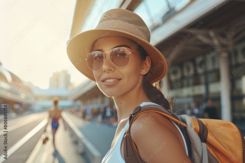 Stylish traveler in a straw hat and sunglasses, smiling at the camera, ready for adventure at a bustling train station
