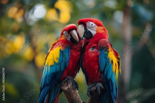 Two scarlet macaws intimately interacting, showcasing their brilliant red, blue, yellow feathers. Lush green background softly blurs, drawing focus to vivid details, affectionate posture © Baranovsky