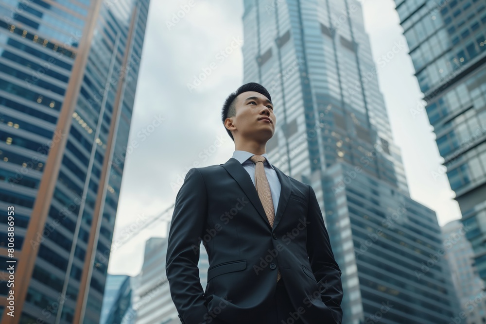 Young Asian businessman gazes upward, inspired by towering glass skyscrapers around him. Professional elegance, ambition, set against backdrop of modern corporate architecture. Opportunity, success Young Asian businessman gazes upward, inspired by towering glass skyscrapers around him. Professional elegance, ambition, set against backdrop of modern corporate architecture. Opportunity, success