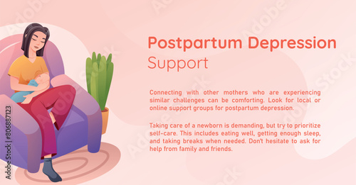 Vector brochure with information about Support for Postpartum Depression. Banner Template Design for New Tired Mothers.