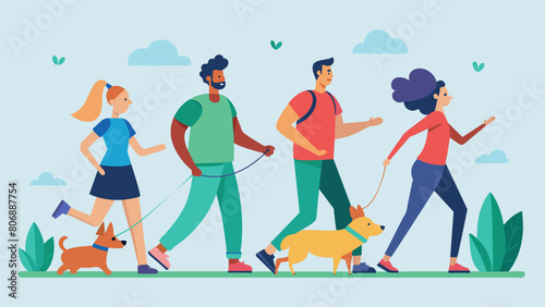 A group of pet owners competing in a step challenge with their furry companions tracking their progress with their respective fitness trackers.. Vector illustration