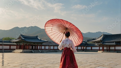 traditional Korean dress, costume and clothes, Travel tour and tourism at landmark and tourist attraction, Back view of lady with umbrella