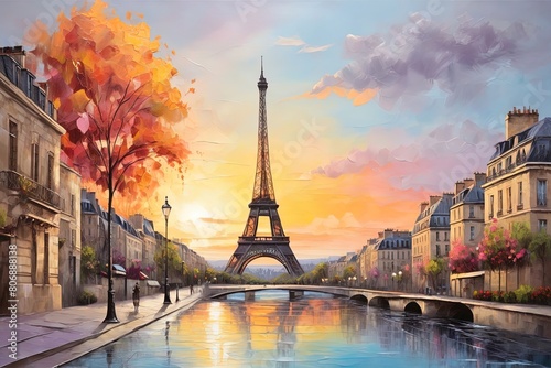 canvas Oil painting of Paris city on the sunset with Eiffel tower background. Beautiful illustration abstract picture. Impasto painting