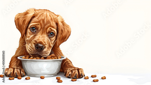 Adorable Puppy with Food Bowl Isolated on Transparent Background, Cute Pet Eating Meal, Generative Ai

 photo