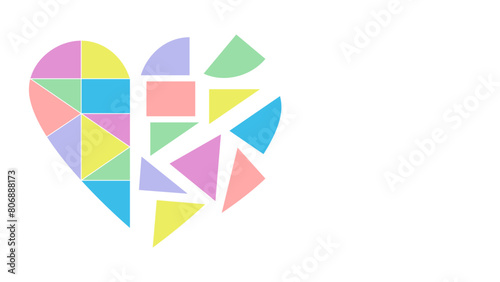 Heart made up of pieces with geometric shapes. The left half has the pieces correctly placed, while the right half has them misplaced.