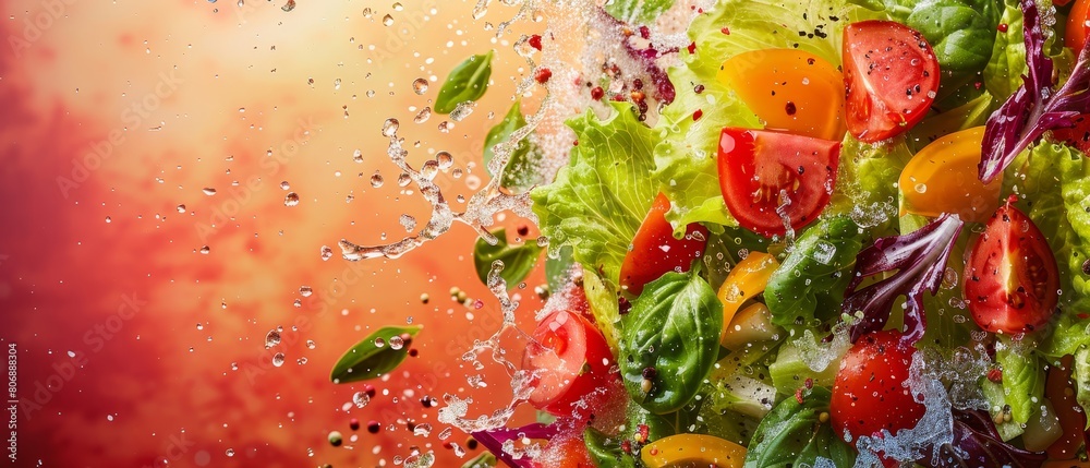 Design a vibrant poster for a health food restaurant featuring a highresolution image of a fresh vegetable salad with a dynamic splash of dressing