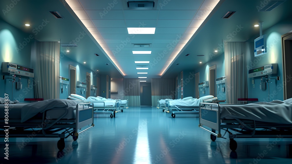 Serene Hospital Ward with Empty Beds at Night. Modern Healthcare Facility Interior. Symmetrical Medical Room Design. Clinical Corridor and Recovery Area for Patients. AI Serene Hospital Ward with Empty Beds at Night. Modern Healthcare Facility Interior. Symmetrical Medical Room Design. Clinical Corridor and Recovery Area for Patients. AI