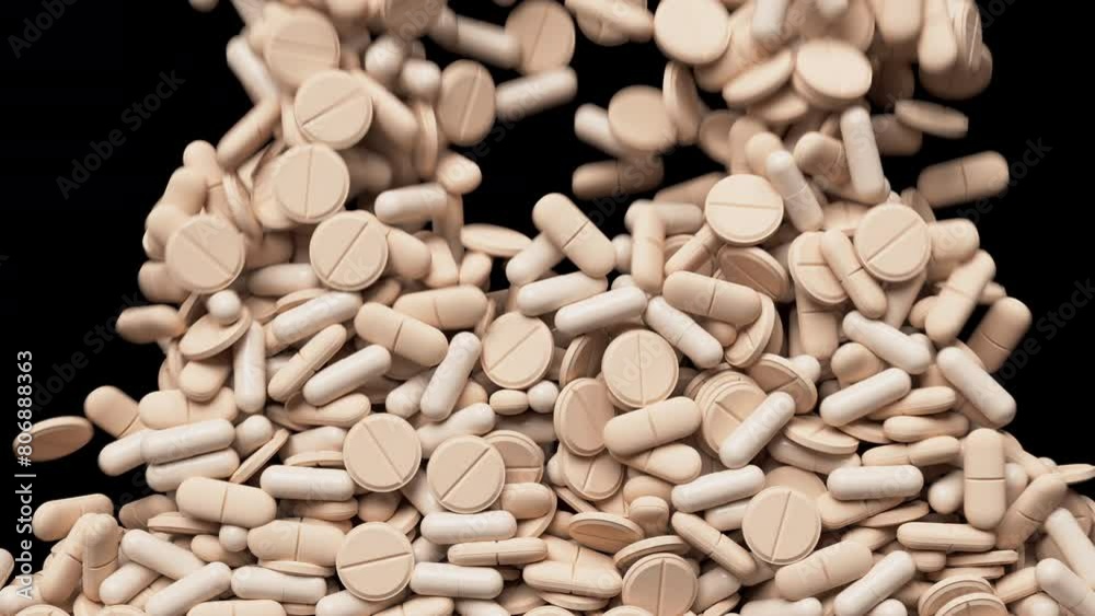 Peach fuzz tablets fall and fill the screen . Drugs, pills, tablets, medicine concept. 3d render animation Peach fuzz tablets fall and fill the screen . Drugs, pills, tablets, medicine concept. 3d render animation