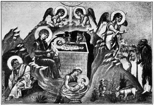 Birth of Christ. Miniature from a manuscript in the Vatican. Publication of the book "Meyers Konversations-Lexikon", Volume 7, Leipzig, Germany, 1910