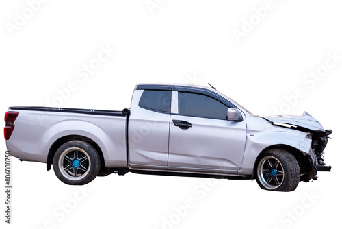 Side view of gray or bronze pikup car get damaged by accident on the road. damaged cars after collision. isolated on transparent background  PNG File