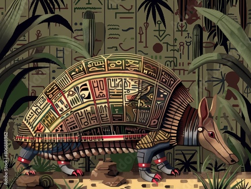 An illustration of an armadillo made out of ancient Egyptian artifacts.