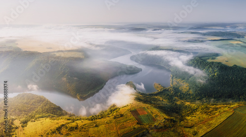 Gorgeous view from a drone flying over the winding Dniester river. Ukraine, Europe. photo