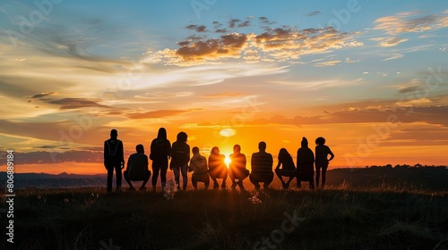 A silhouette of a diverse group of people watching the sunset on a hill, showcasing unity and peace