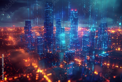 A shimmering holographic projection of a cityscape bathed in neon blue hues.