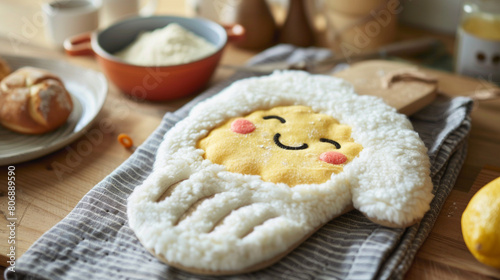 A cozy oven mitt with a cheerful face, protecting your hands while baking with playful style.