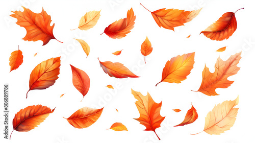 Vibrant Set of Autumn Leaves Fluttering in the Wind on White Background  Seasonal Foliage Illustration  Generative Ai  