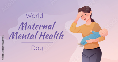 World Maternal Mental Health Day. Vector horizontal holiday banner. Cartoon illustration of tired exhausted woman with baby. photo