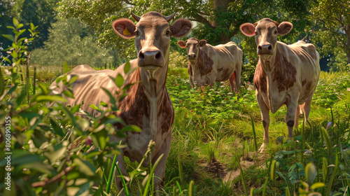 A herd of cattle in a pasture in the summer.