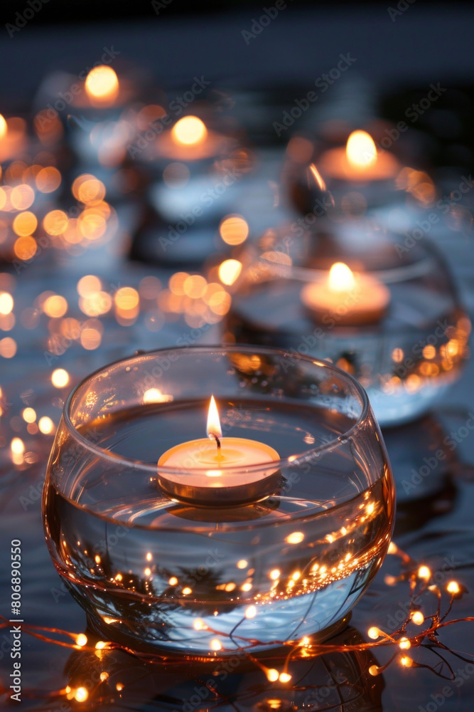 Floating candles in glass bowls filled with water and topped with fairy lights. The lights reflect off the water's surface, creating a tranquil ambiance Floating candles in glass bowls filled with water and topped with fairy lights. The lights reflect off the water's surface, creating a tranquil ambiance