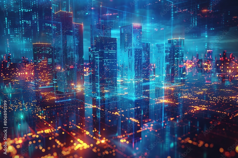 Urban nightscape: A holographic cityscape materializes in the night, pulsating with a neon blue glow. Urban nightscape: A holographic cityscape materializes in the night, pulsating with a neon blue glow.