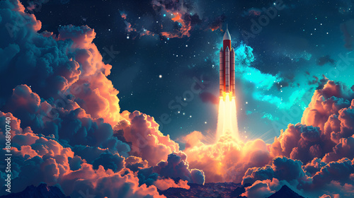 Vintage Retro Style Space Rocket Launching and Flying into the Cosmos, Adventure Concept Illustration, Generative Ai