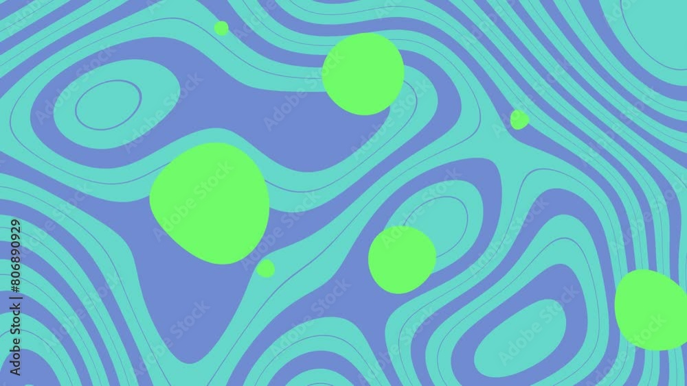 Abstract background pattern with green circles and blue lines, simple shapes, fluid curves, in the style of a retro 60s style