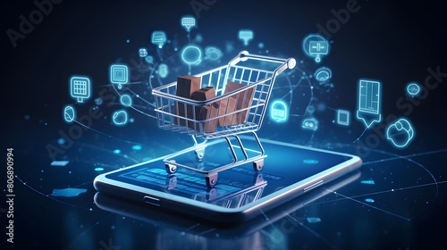 Shopping cart on smartphone screen. Online shopping concept. 3d illustration