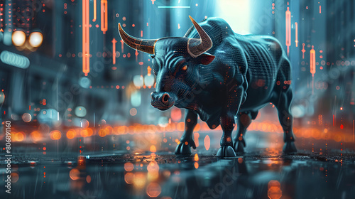 Stock Market Concept with Bull and Bear Figures on Financial Graph Background, Symbolizing Market Trends and Investment Strategies, Generative Ai