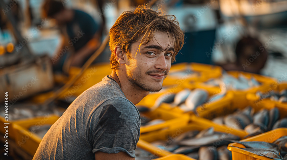 Young pretty fisherman loading fish trays.