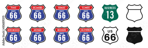 Interstate route sign set. Interstate and US Route signs including famous Route 66. International road signs