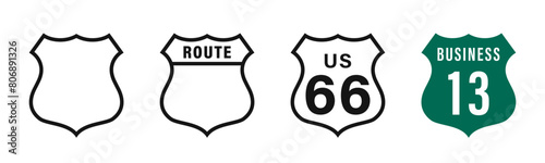 Interstate route sign set. Interstate roads. US Route 66. International road signs.