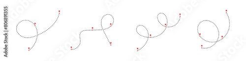 Line path with pointers. Dotted line path with location map pins. Dotted pathway. Travel navigation. Travel route.