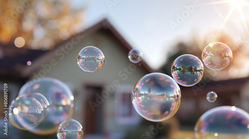 Real Estate Bubble: Homes Floating Inside Transparent Bubbles - A 3D Illustration of Economic Trends and Innovative Housing Solutions