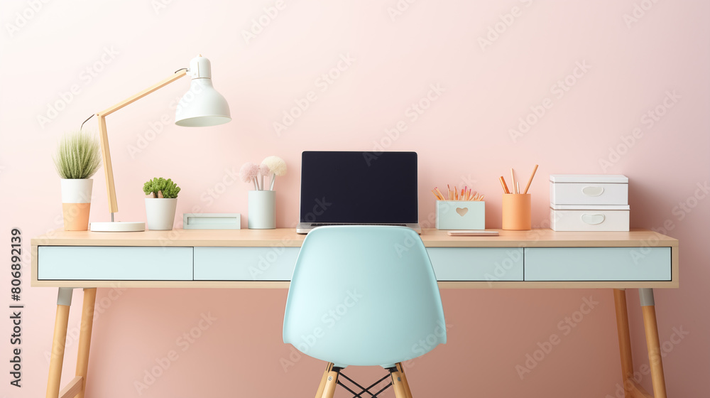 working desk on clean pastel light and white isolated background