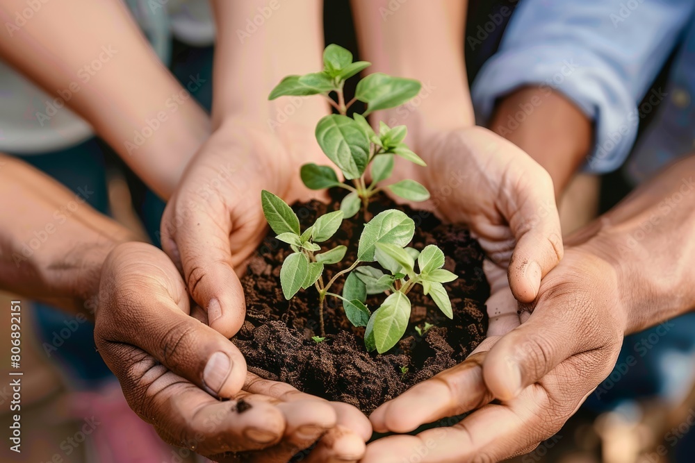 United hands nurturing new life in a symbolic earth day celebration