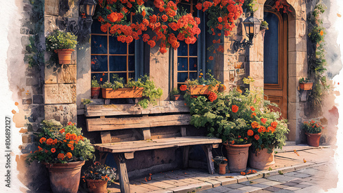 A quaint stone building featuring a wooden door and window, beautifully accented by orange flowers growing in hanging baskets and terracotta pots. The scene is completed with a rustic wooden benc...