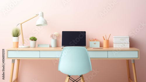 working desk on clean pastel light and white isolated background © CHANTHIKA