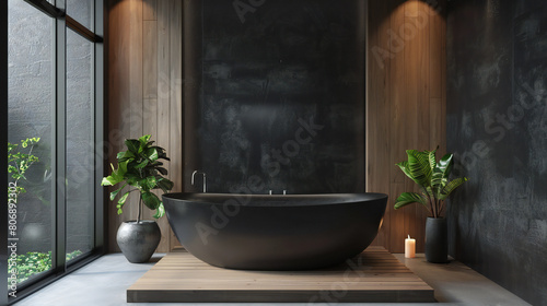 Contemporary Elegance: A Sleek Modern Bathroom Design with a Striking Black Freestanding Tub, Wooden Accents, and Blank Poster Mockup