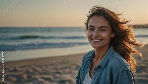 Smiling Woman at the Beach, Embracing Freedom and Nature
