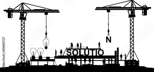 Vektor Silhouetten Zusammenarbeit - Ideen und Lösungen - Gestaltung und Entwicklung von Lösungen im Team - abstrakte symbolische Baustelle für Projekte zur Implementierung