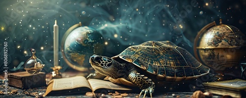 wise turtle glasses rest on an open book against a blue wall photo