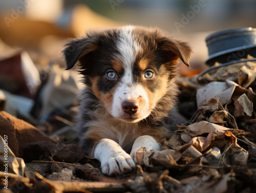 Close-up of young homeless Australian Shepherd puppy with muddy paws lying down. Rescue, care of homeless animals. Shelters, volunteering, life about abandoned dogs. Cute pets on the streets © Baranovsky
