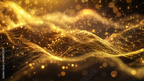 Astral Symphony: Ethereal Gold Dust Waves, Digital Stellar Landscape, and Glowing Abstract Backdrop Illuminated by Shimmering Stars