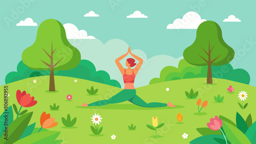 Lush green grass and blooming flowers provide the perfect backdrop for a peaceful outdoor partner yoga session.. Vector illustration