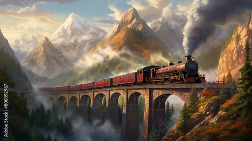 Old steam train on arched bridge in mountain photo