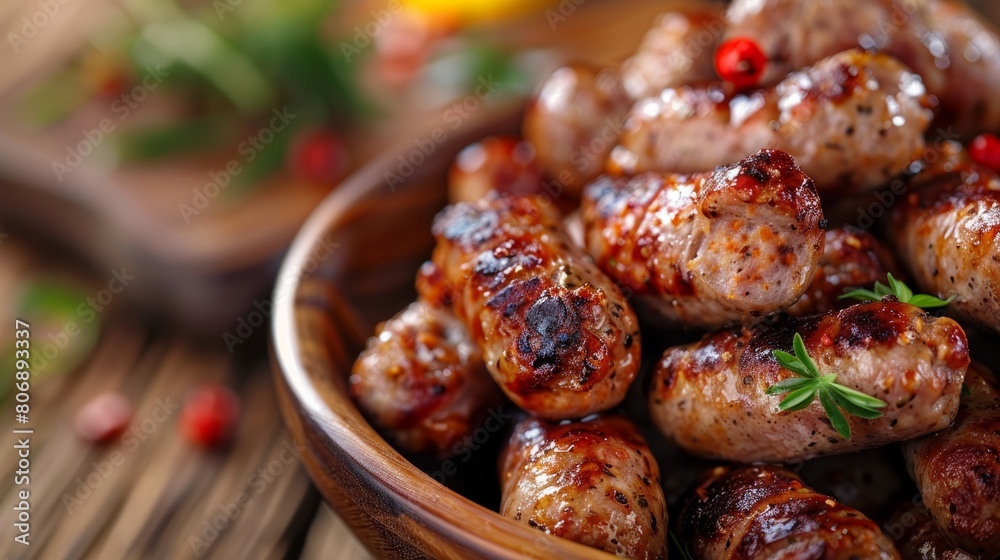 Delicious polish sausage cutlets in a bowl on rustic wood background, glistening under soft light Delicious polish sausage cutlets in a bowl on rustic wood background, glistening under soft light