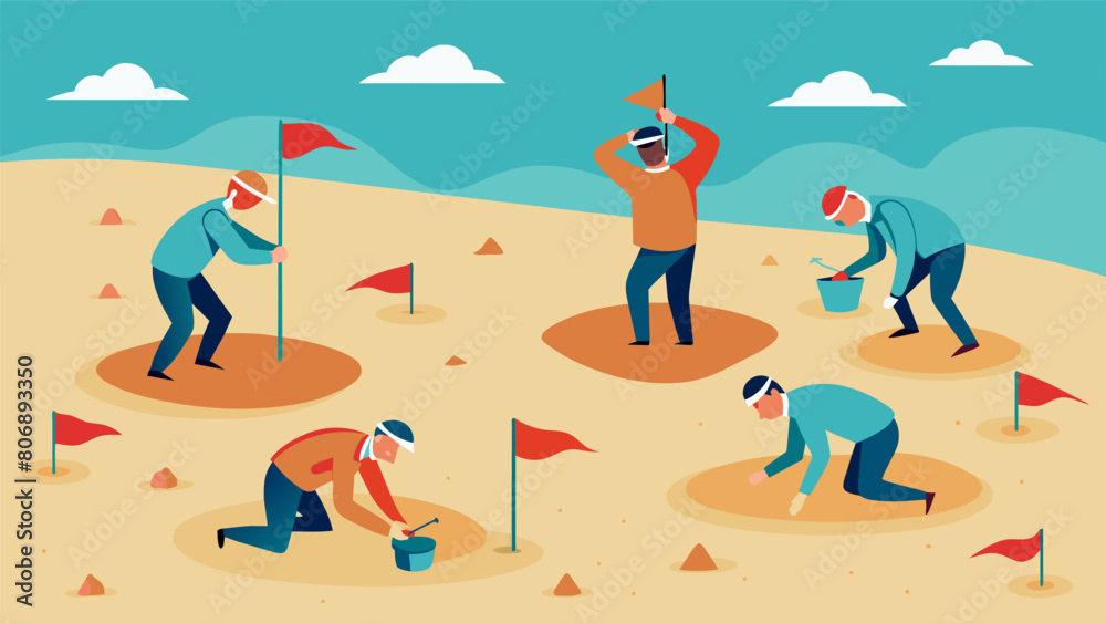 Frantically digging through the grains of sand the competitors franticly search for the flags eager to claim victory.. Vector illustration