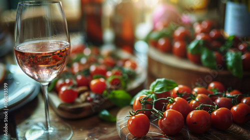 Still Life: A Beautiful Arrangement of Delicious Food and Refreshing Wine, Perfectly Captured in a Serene Scene