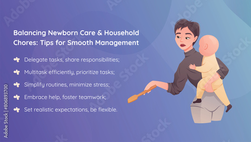 Vector horizontal information banner or brochure for young mothers. Caring for a newborn and household chores. Cartoon illustration of a woman with a baby.